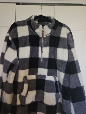 Women's Gray & Black Buffalo Check Sherpa Pullover Hoodie